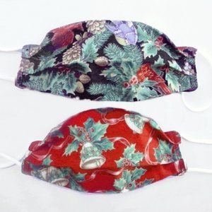 2 CHRISTMAS MASKS CARDINALS BELLS BIRDSD REVERSIBLE COTTON HANDMADE PLEATED NEW